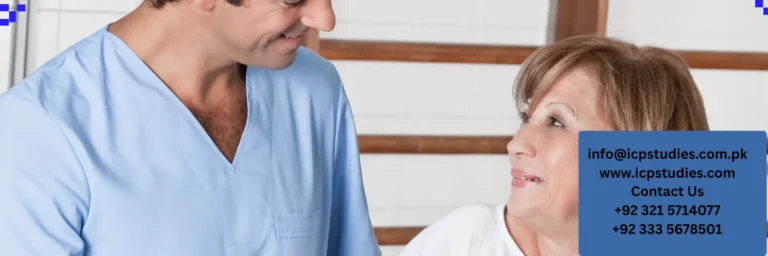 Ambulatory care pharmacist consulting a patient in a modern outpatient clinic